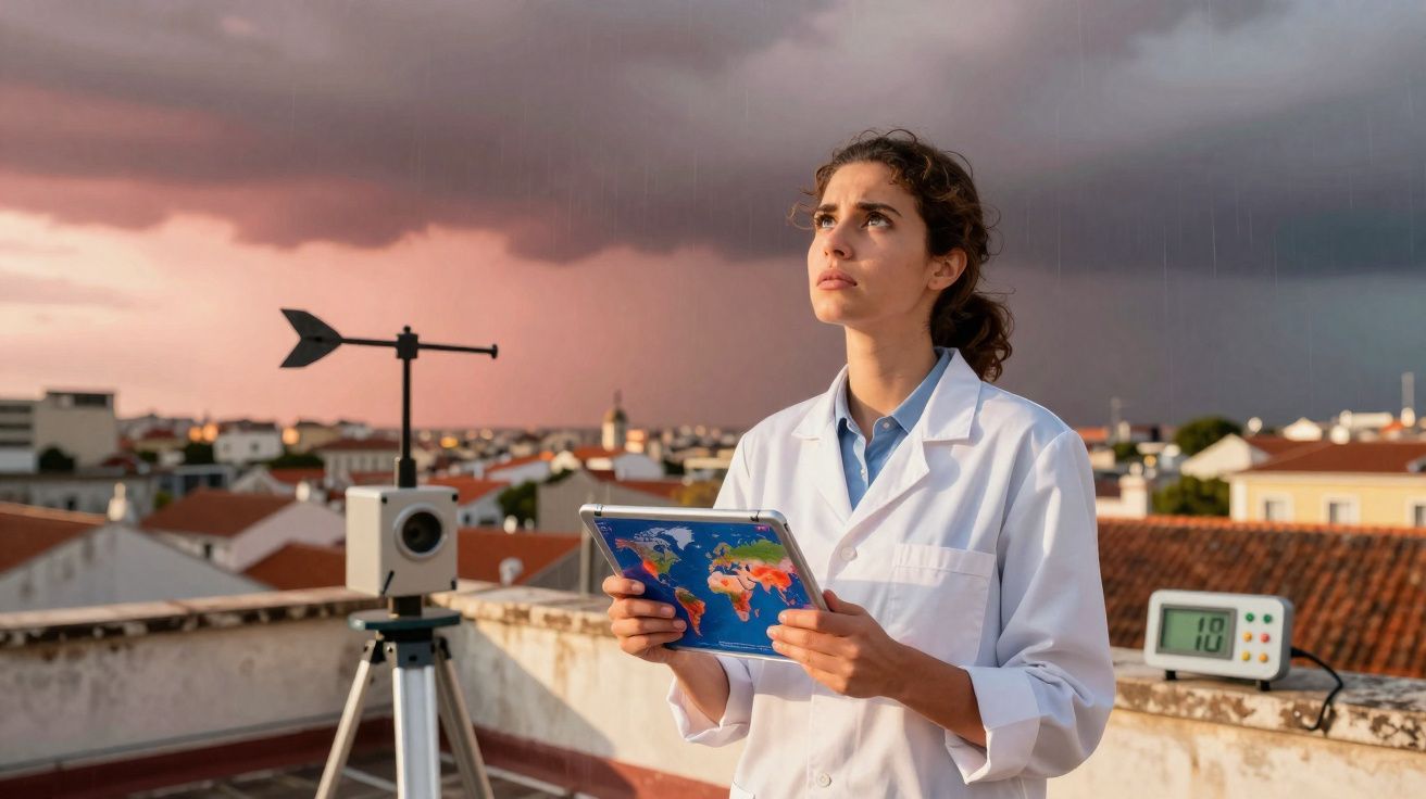 Mulher com bata branca segura tablet com mapa, observa céu nublado, equipamentos meteorológicos no terraço.