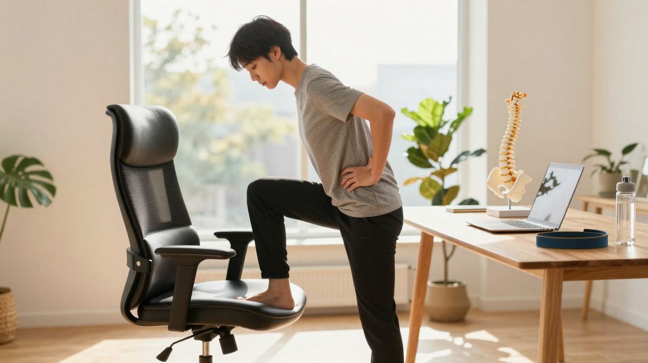 Pessoa a alongar a perna num escritório moderno com cadeira de secretária e espinha ilustrativa na mesa.