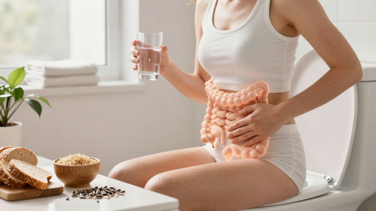 Pessoa sentada na sanita com imagem digital do intestino desenhada no abdómen, a segurar copo de água.