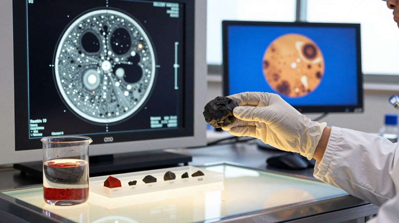 Mão com luva a segurar rocha negra em laboratório com imagens digitais de meteoritos em monitores.