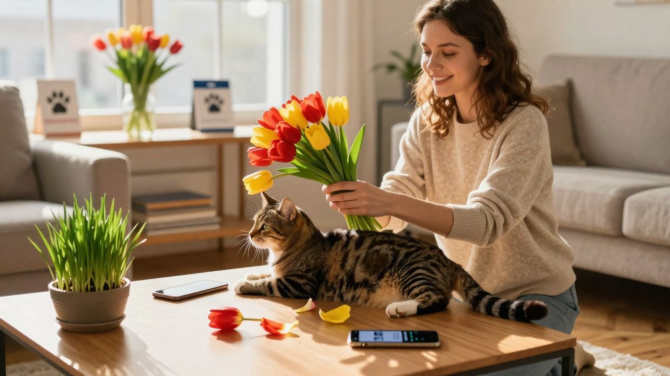 Mulher feliz arranja flores junto a um gato deitado na mesa numa sala luminosa e acolhedora.