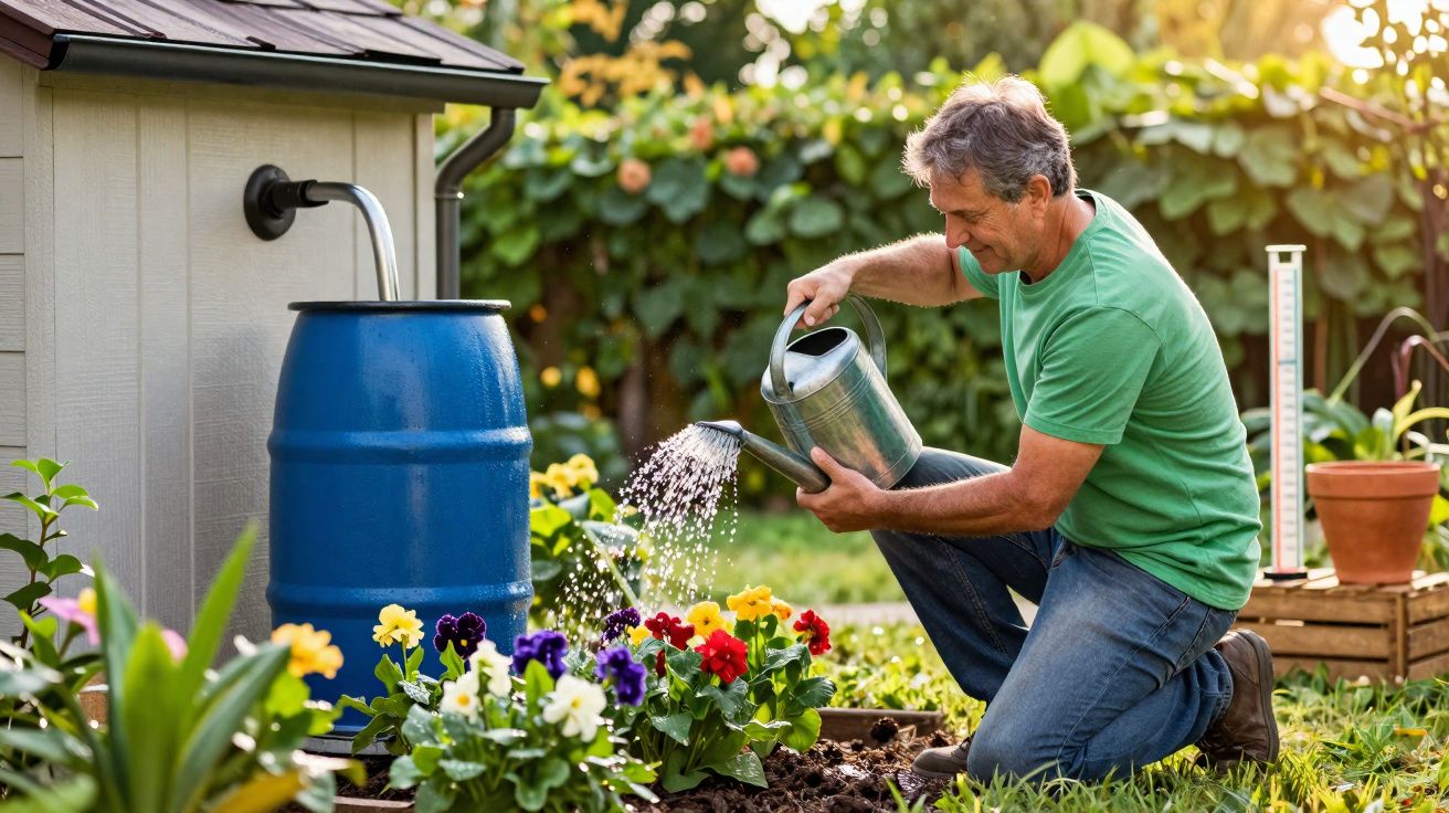 Homem a regar flores coloridas num jardim usando regador de metal.