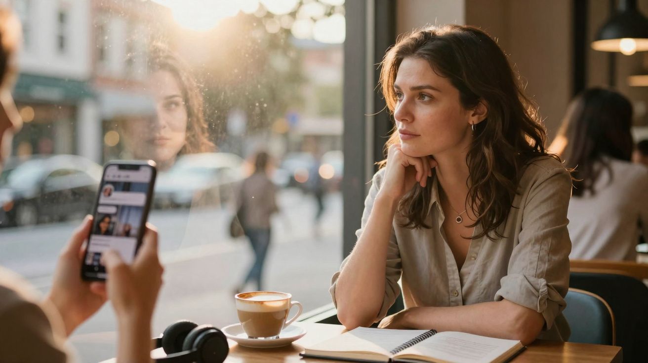 Mulher pensativa junto à janela de café, com caderno aberto e chávena de café à frente.