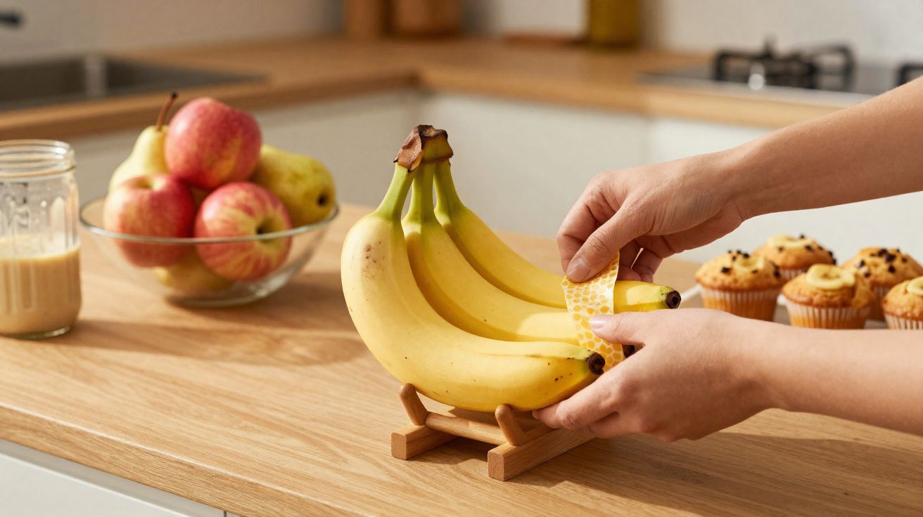 Mãos a descascar uma banana num suporte com cacho de bananas numa bancada de cozinha com fruta e muffins.