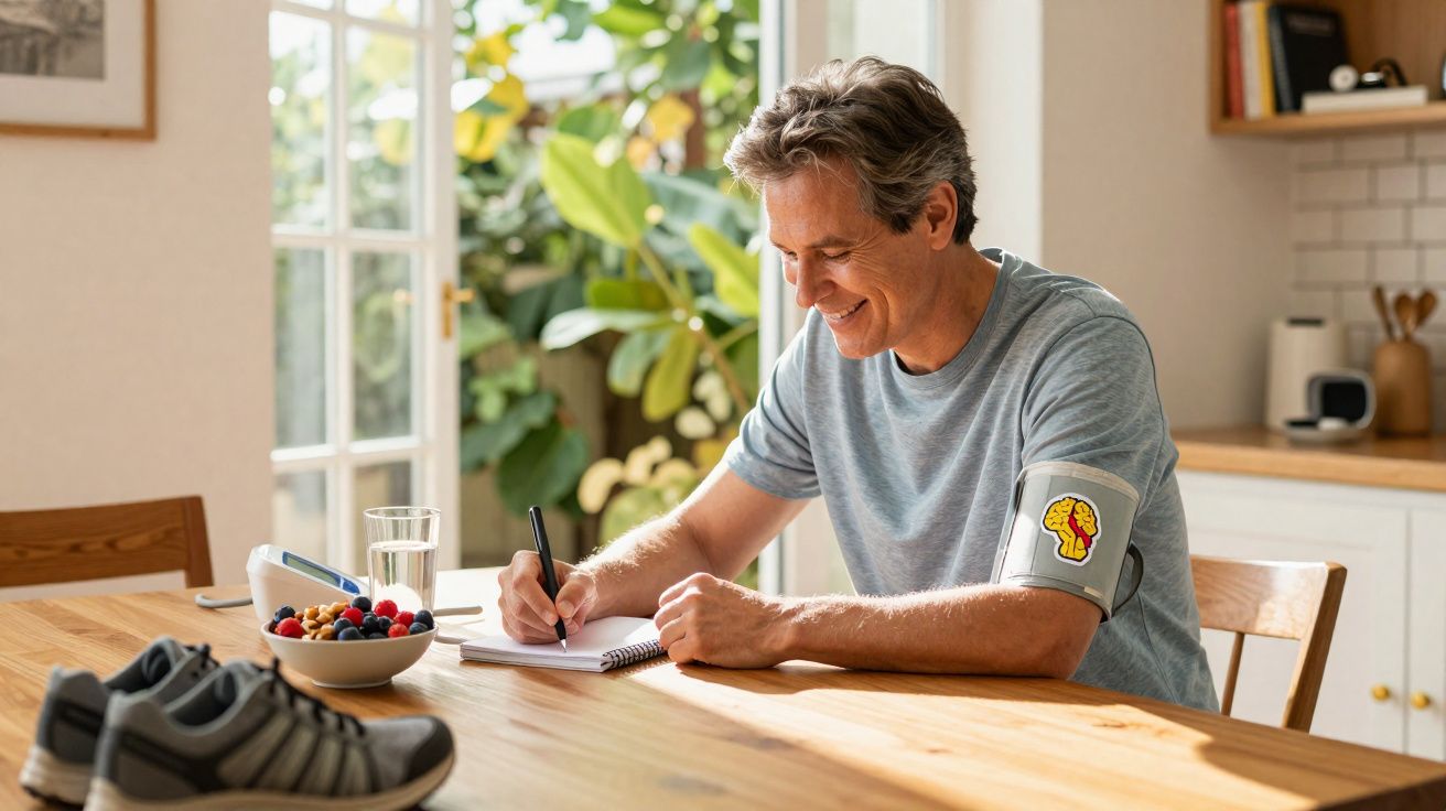 Homem sentado a escrever num caderno com monitor de pressão e fruta numa cozinha iluminada.