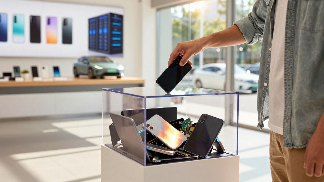 Pessoa a depositar telemóvel usado numa caixa transparente cheia de dispositivos eletrónicos para reciclagem.