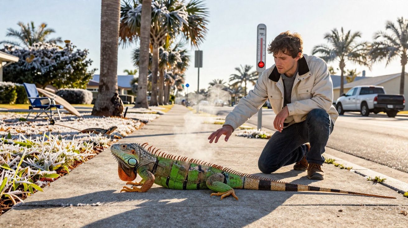 Homem ajoelhado no passeio a tentar tocar um iguana grande num dia frio com orvalho nas plantas.