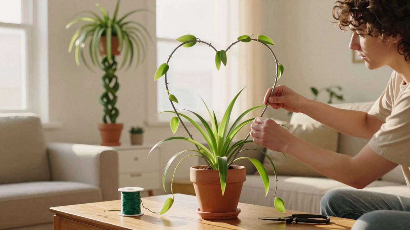 Pessoa a moldar folhas de planta em vaso em formato de coração numa sala iluminada.