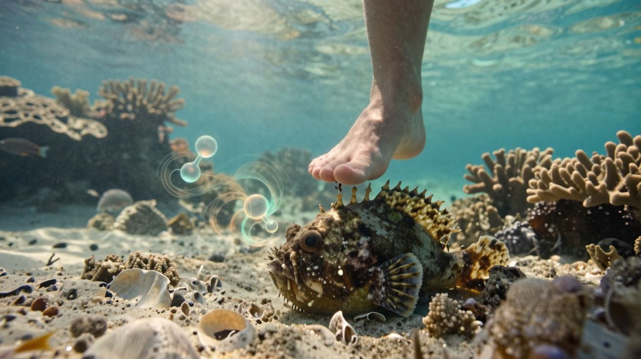 Pé humano tocando peixe espinhoso no fundo do mar com corais e conchas ao redor.