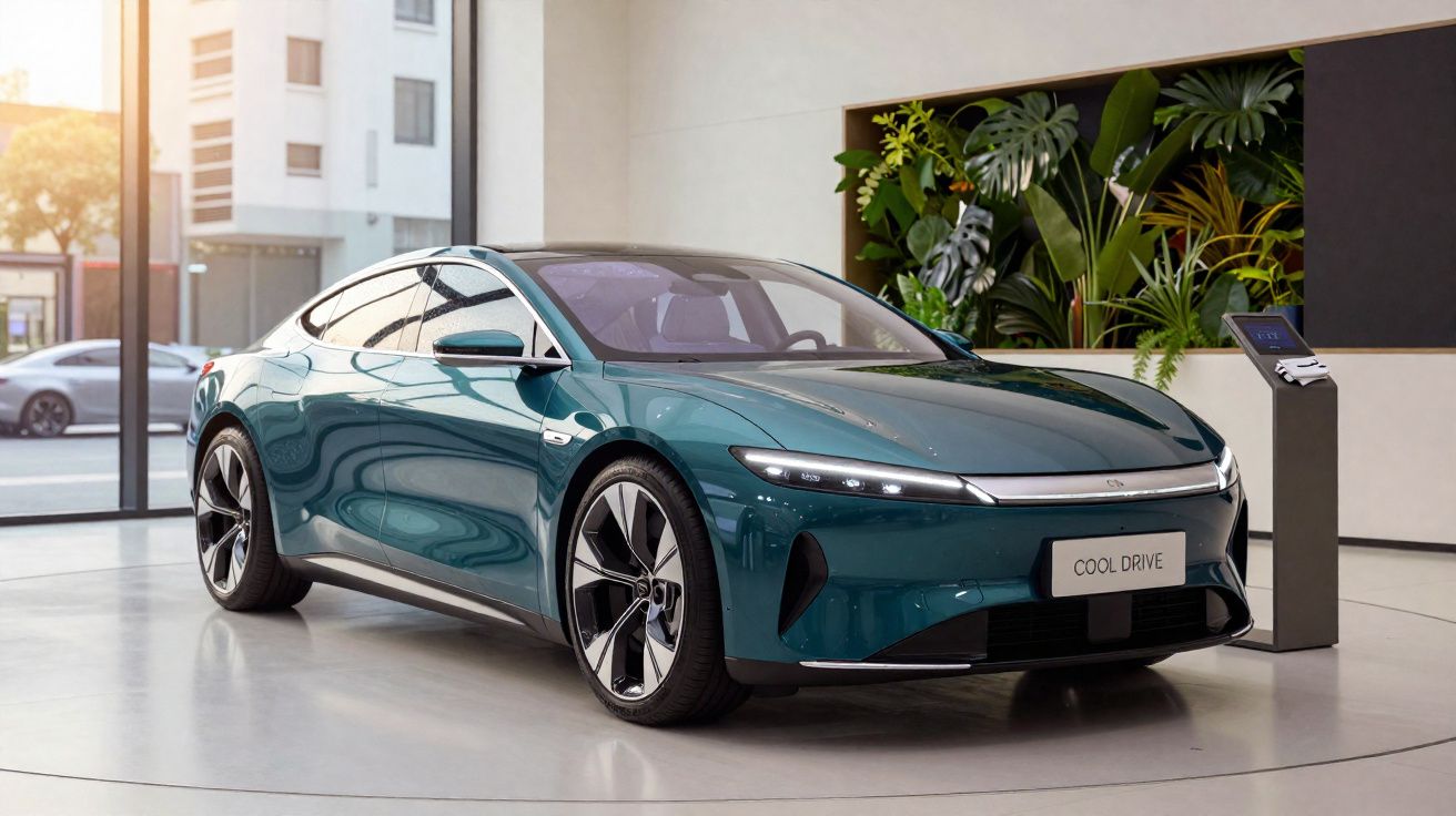 Carro elétrico moderno verde em exposição numa sala com plantas e janelas grandes, placa "COOL DRIVE".