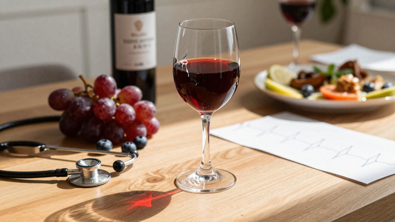Copo de vinho tinto, uvas, estetoscópio e eletrocardiograma sobre mesa de madeira.