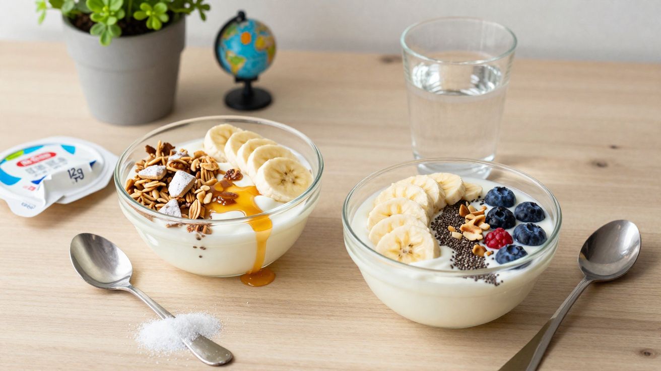 Duas taças de iogurte com granola, frutos, sementes e mel sobre mesa com copo de água e colher.