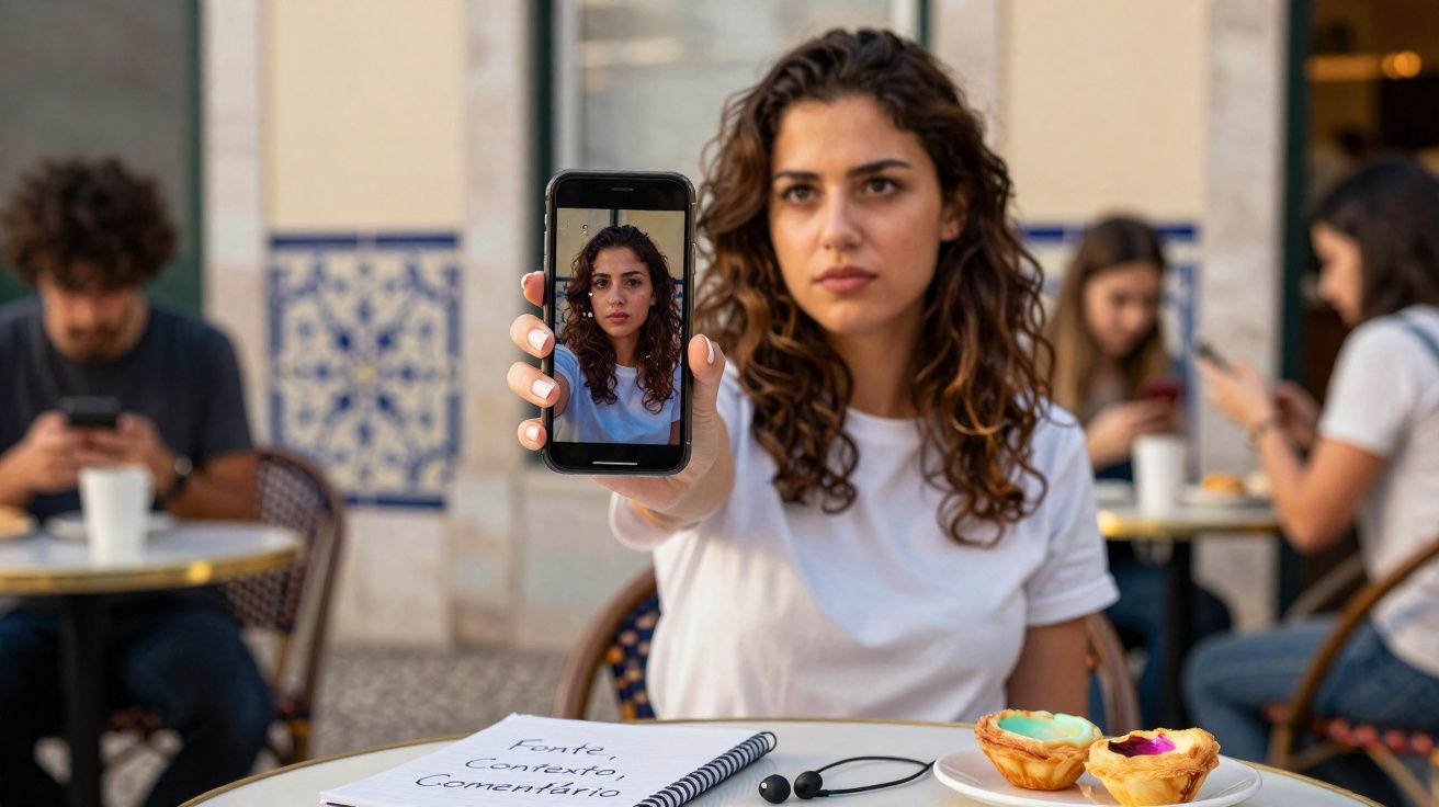 Mulher mostra selfie no telemóvel sentada numa esplanada com cadernos e pastéis de nata à frente.