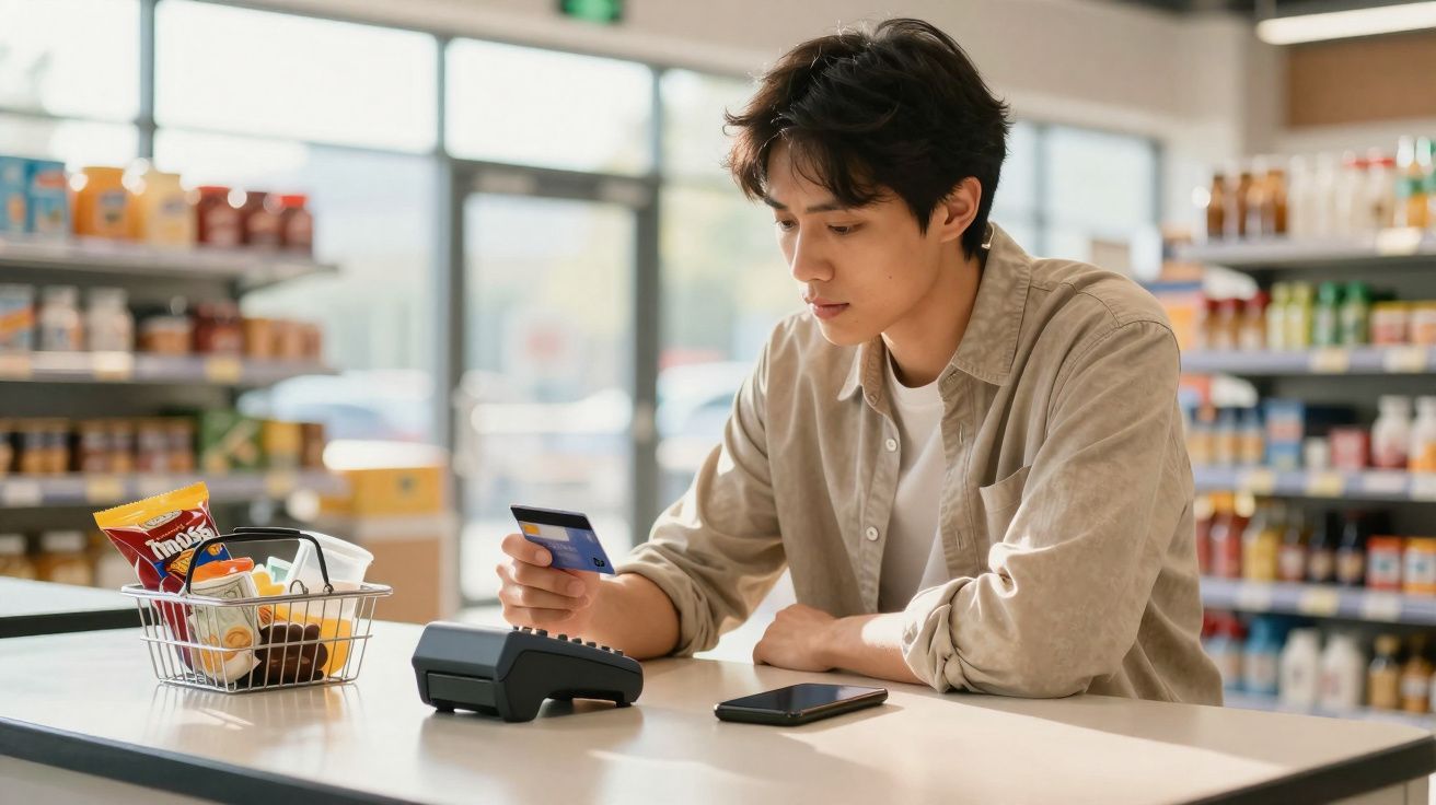 Jovem a efetuar pagamento com cartão de crédito numa máquina de pagamento num supermercado.