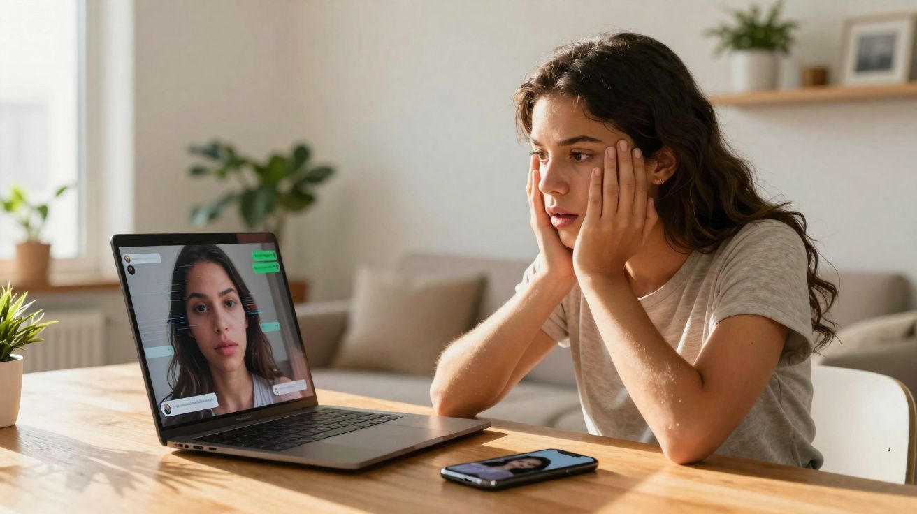 Mulher com expressão preocupada numa videochamada com ela mesma num portátil, numa sala iluminada.