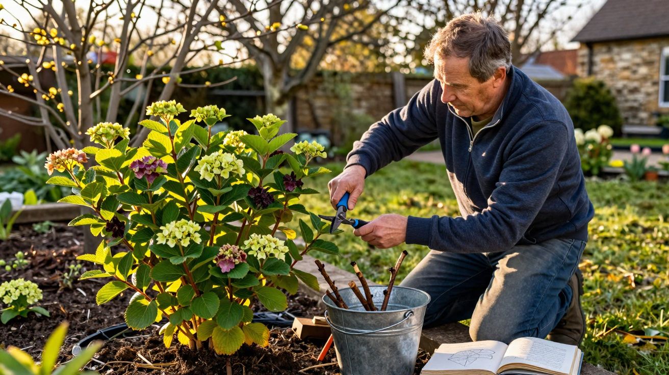Homem a podar planta florida num jardim durante o final da tarde, com ferramentas e livro aberto.