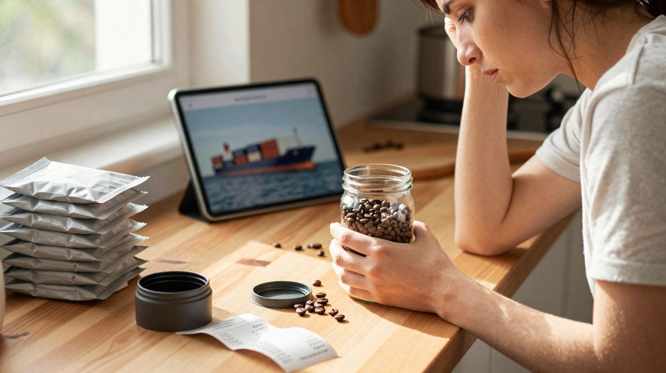 Pessoa sentada à mesa com frasco de café, pacotes embalados e tablet com imagem de navio de carga.