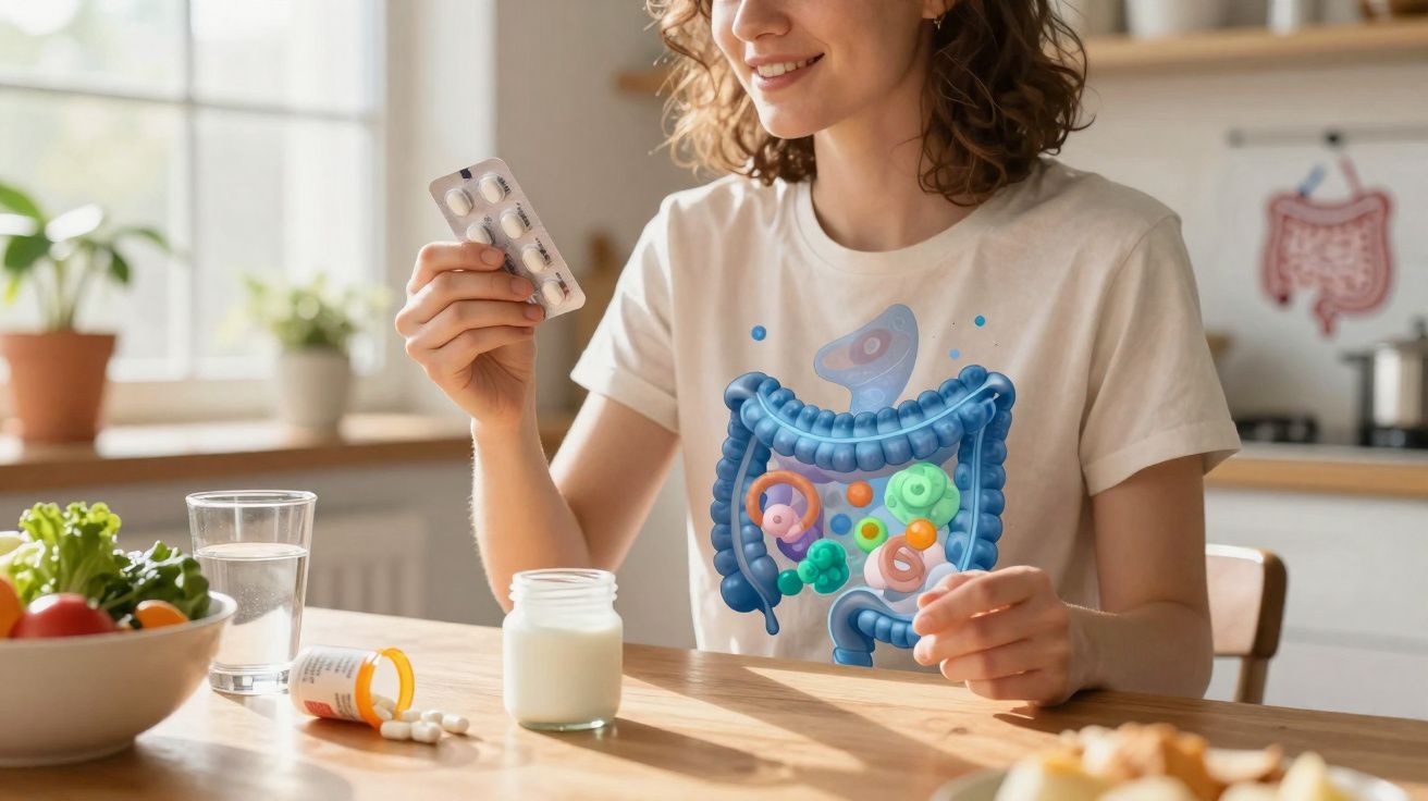 Mulher sorri segurando comprimidos, com ilustração do intestino no peito, e alimentação saudável na mesa.