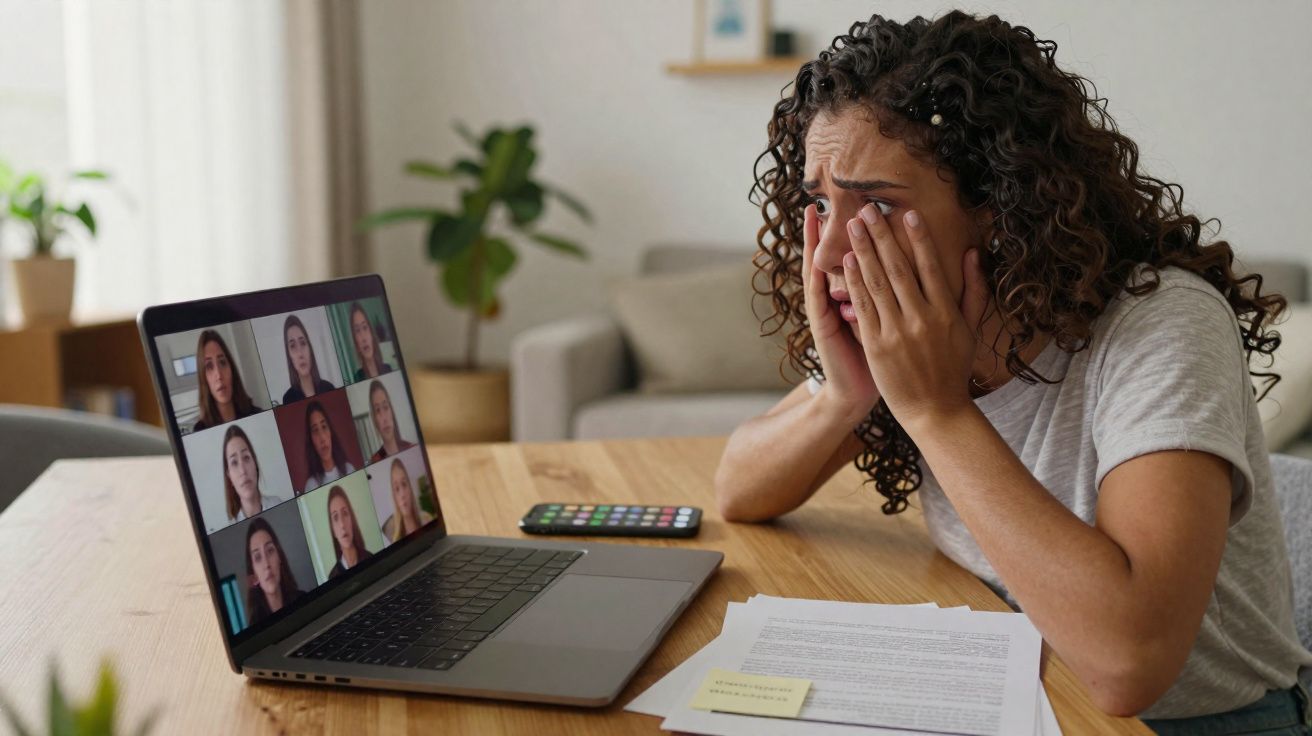 Mulher preocupada durante reunião virtual no computador, com documentos e telemóvel na mesa.