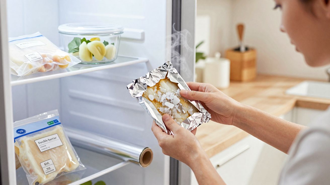 Pessoa a retirar comida embrulhada em alumínio de um frigorífico aberto numa cozinha moderna.