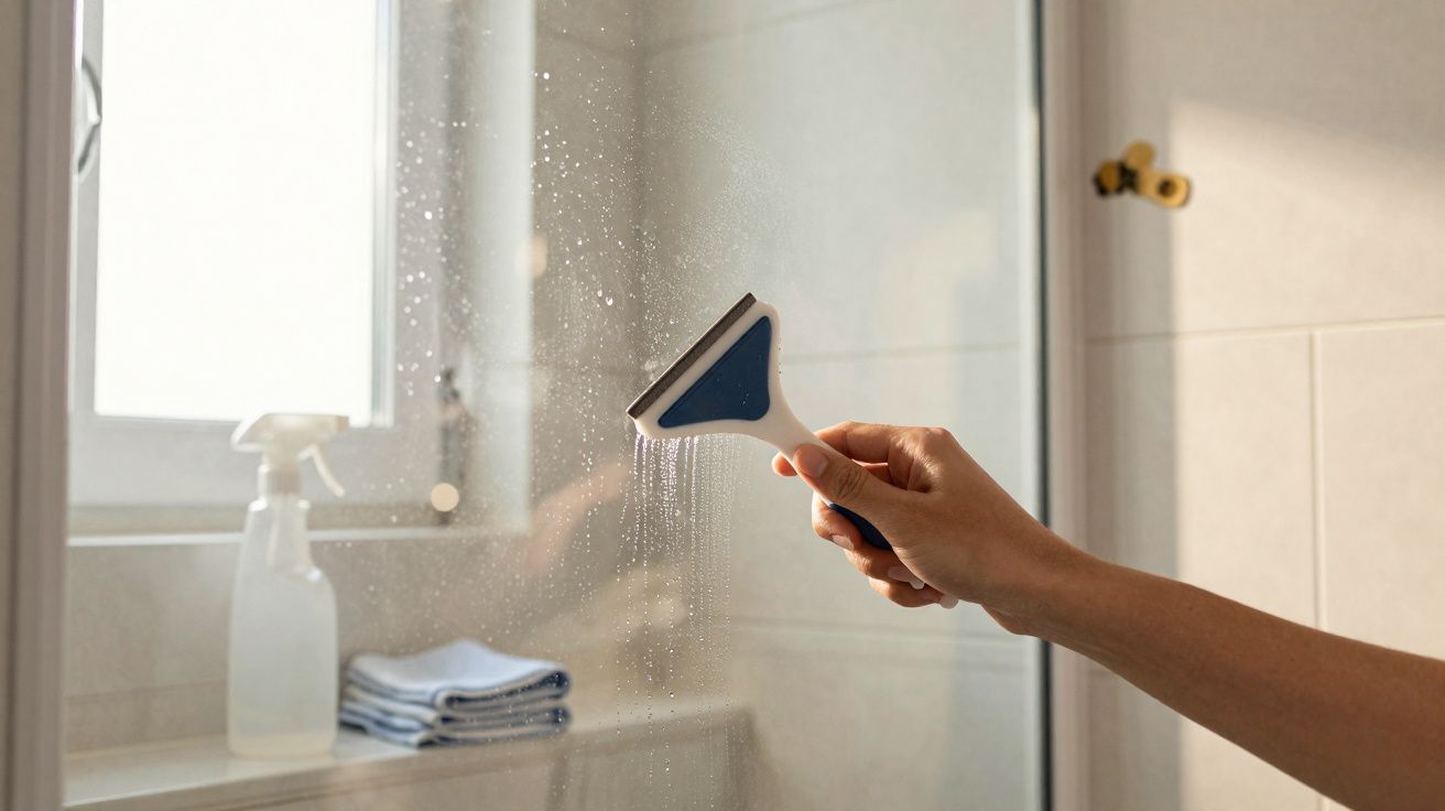 Pessoa a limpar um vidro com uma escova e um pulverizador num ambiente luminoso e branco.