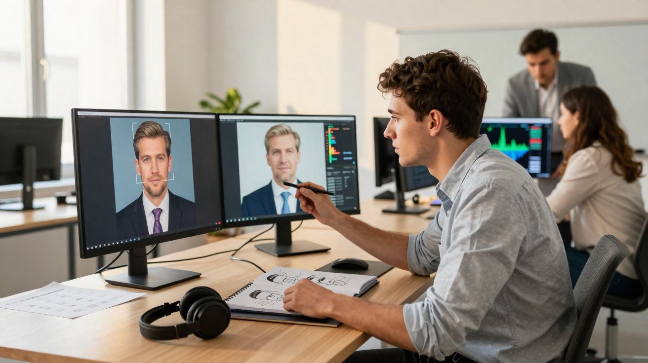 Homem a editar fotos de retratos em dois ecrãs num escritório moderno com colegas ao fundo.