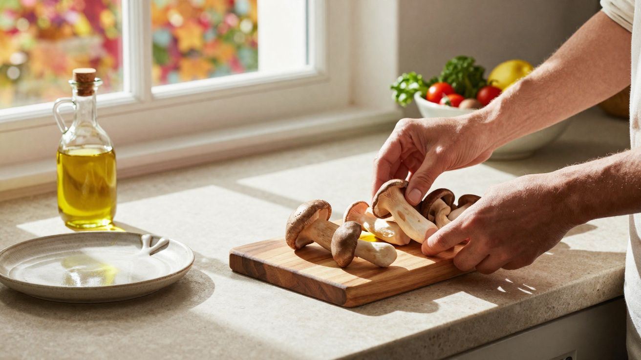 Mãos a preparar cogumelos numa tábua de madeira numa cozinha iluminada à luz natural junto a uma janela.