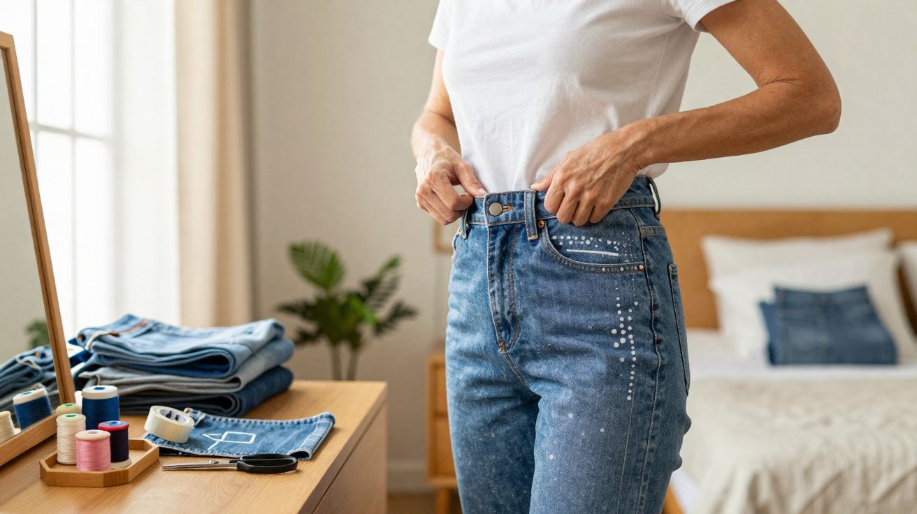 Pessoa a apertar calças de ganga com uma mesa com linhas, tecidos e tesoura no quarto iluminado.