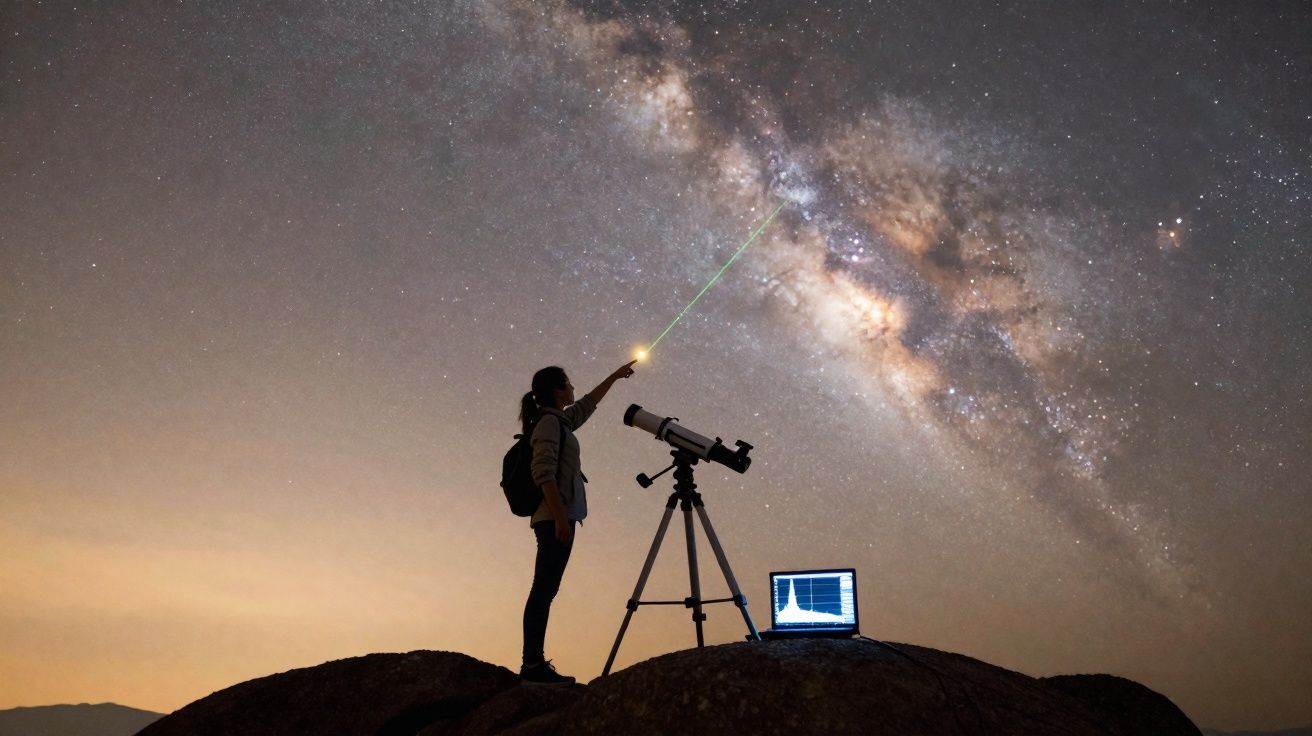 Pessoa com telescópio aponta laser para a Via Láctea durante observação astronómica à noite na serra.