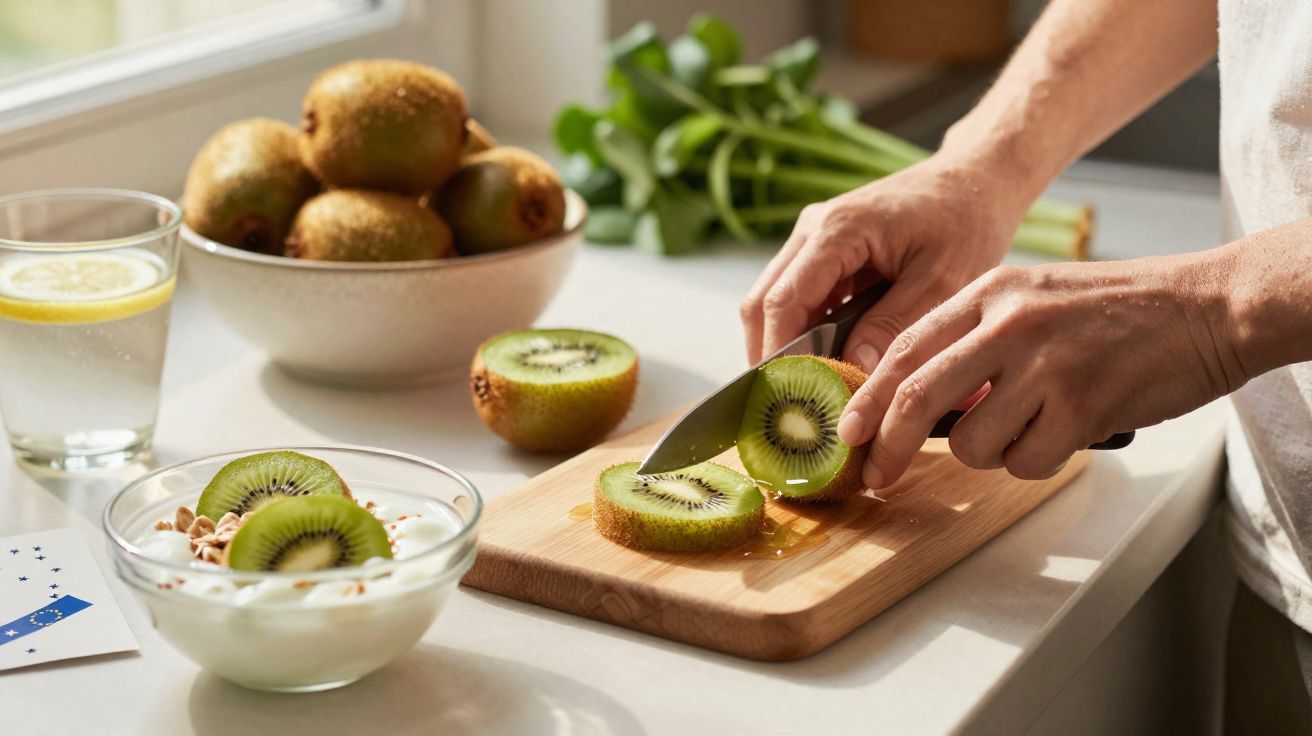 Mãos a cortar kiwi em fatias sobre tabuleiro de madeira numa cozinha iluminada. Bowl com kiwis ao fundo.