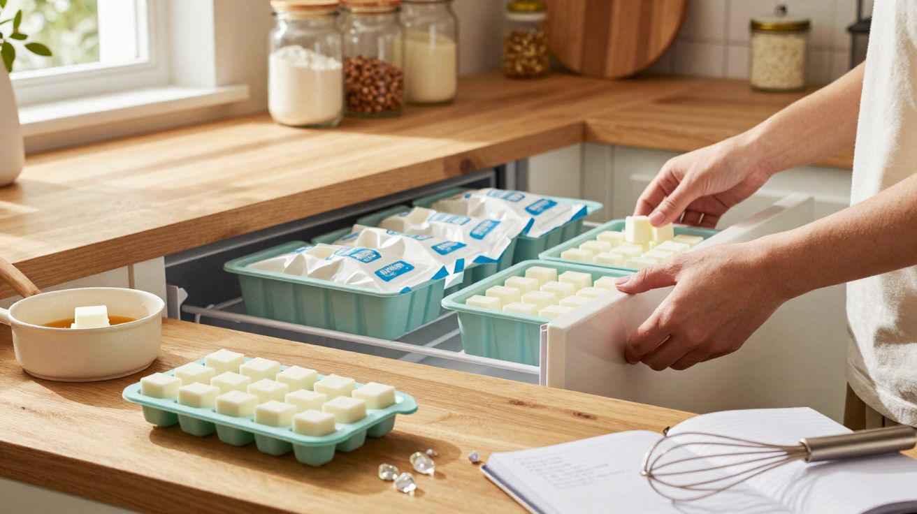 Pessoa a colocar cubos brancos em tabuleiros no frigorífico numa cozinha moderna com bancada em madeira.