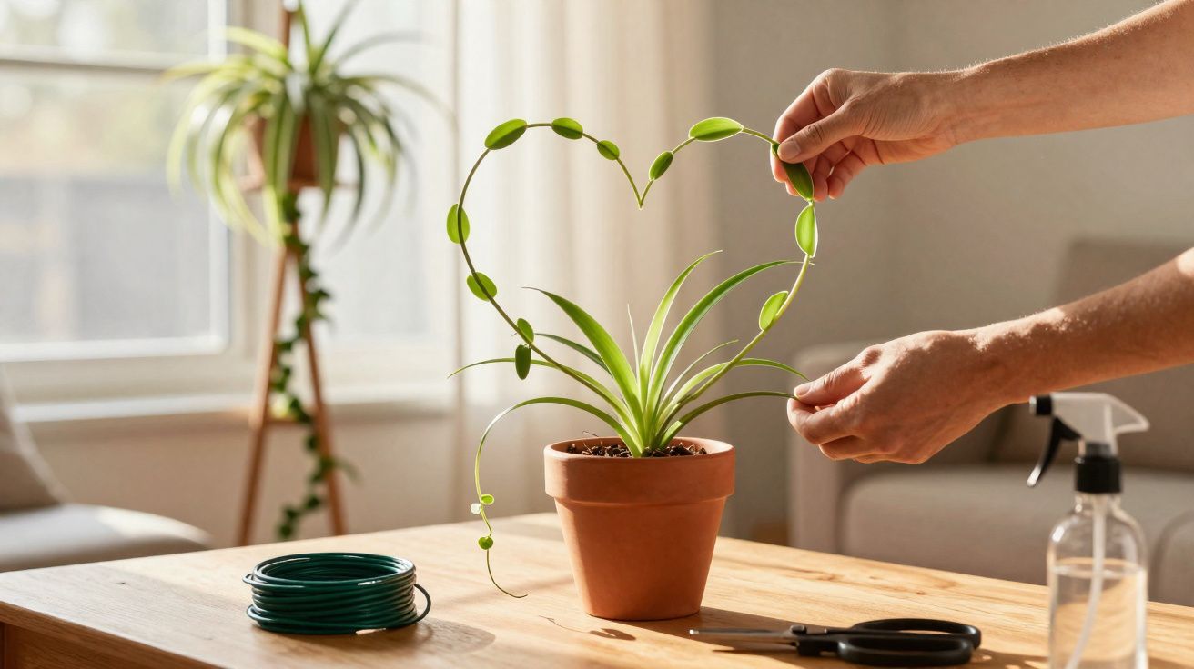 Mãos moldam planta trepadeira em forma de coração num vaso numa mesa com ferramentas de jardinagem.