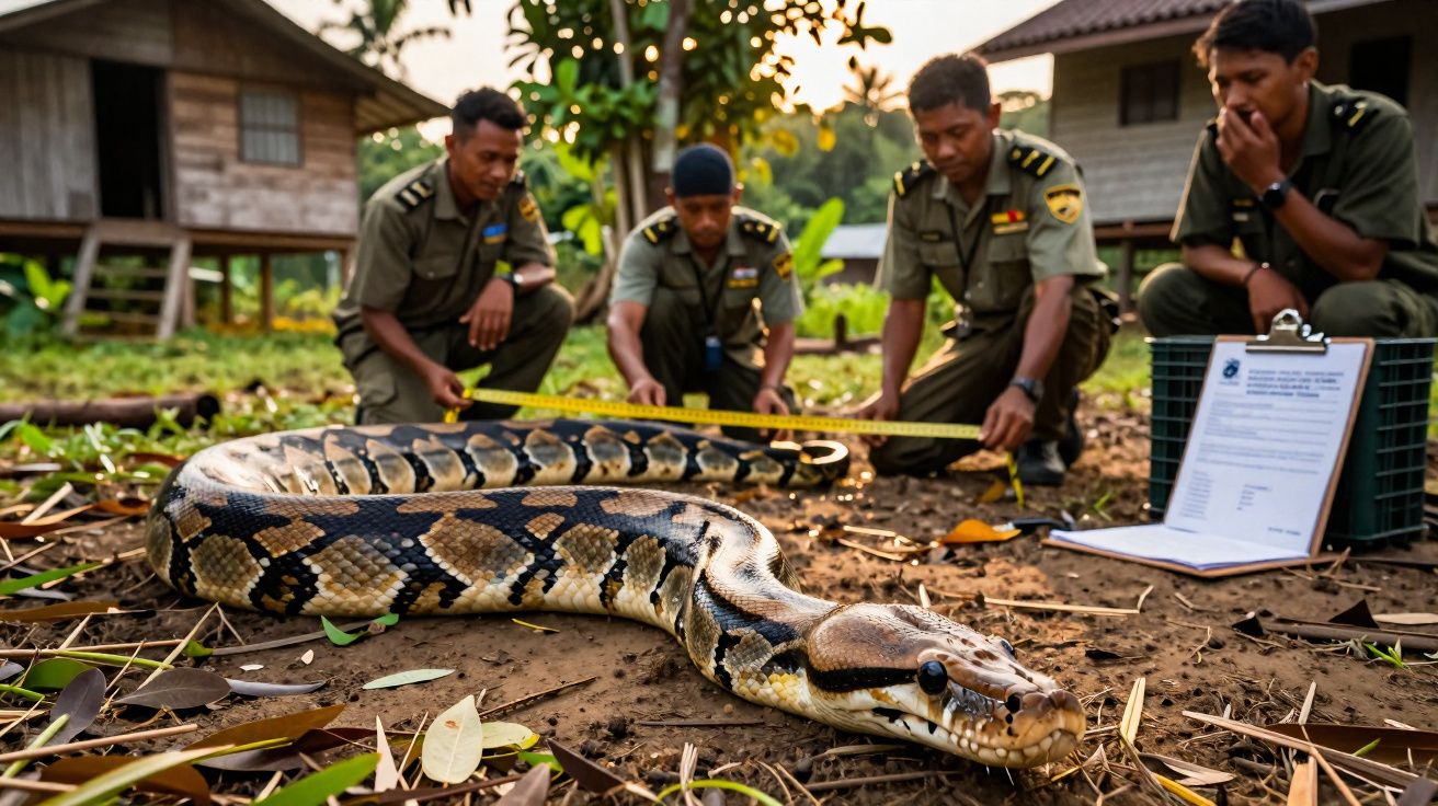 Quatro homens fardados medem uma grande píton no chão ao ar livre numa área rural.