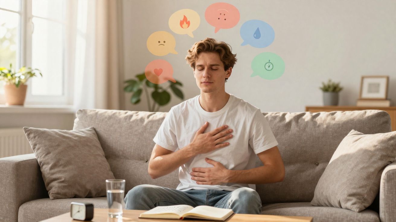 Homem sentado num sofá a tocar o peito e estômago, a expressar diferentes emoções e sensações numa sala iluminada.