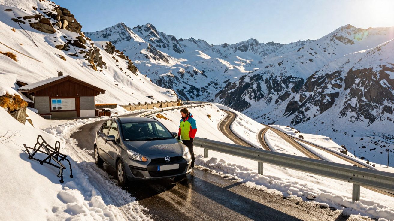 Homem parado junto a carro na estrada sinuosa entre montanhas cobertas de neve sob céu limpo.