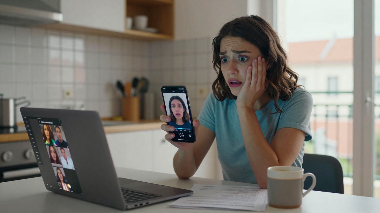 Mulher preocupada em vídeo chamada no telemóvel com laptop aberto numa cozinha moderna.