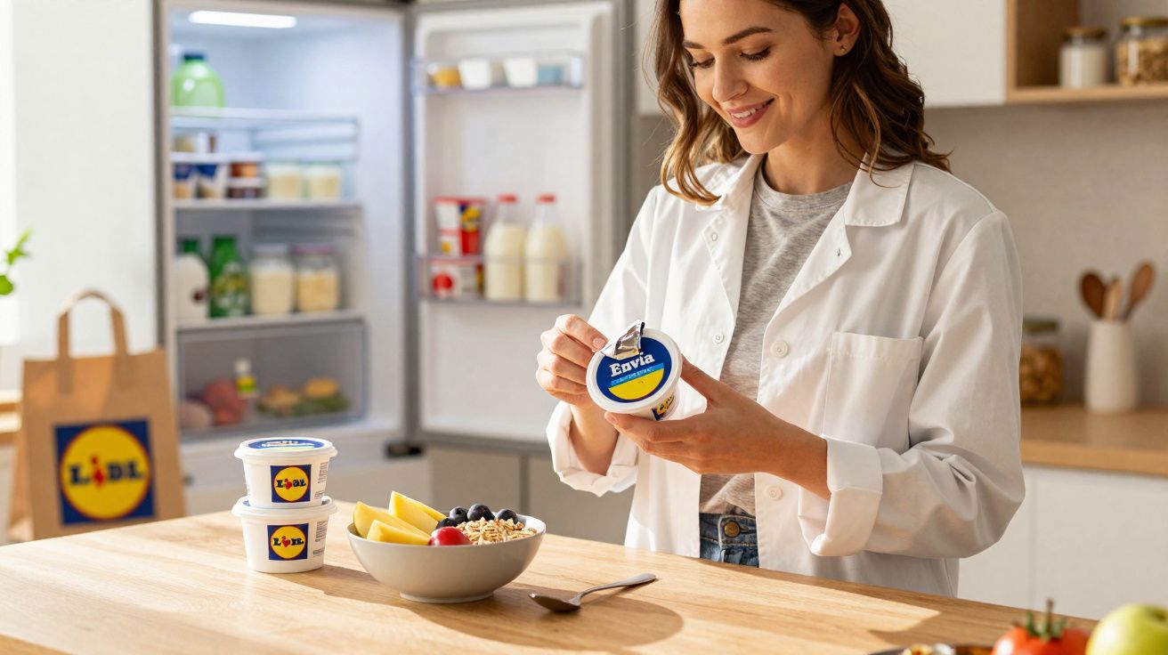 Mulher a abrir embalagem de iogurte numa cozinha moderna com produtos Lidl e uma tigela de fruta na mesa.