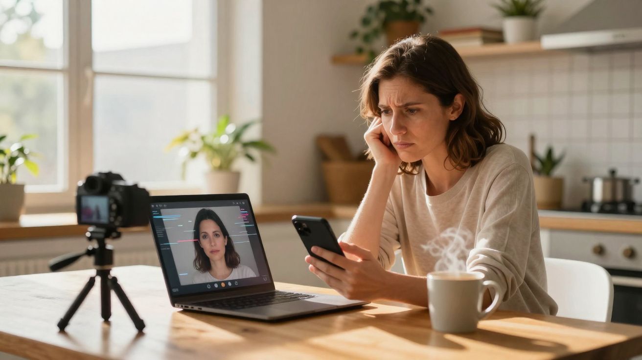 Mulher preocupada a usar telemóvel, com vídeo dela na tela de um portátil na cozinha iluminada.