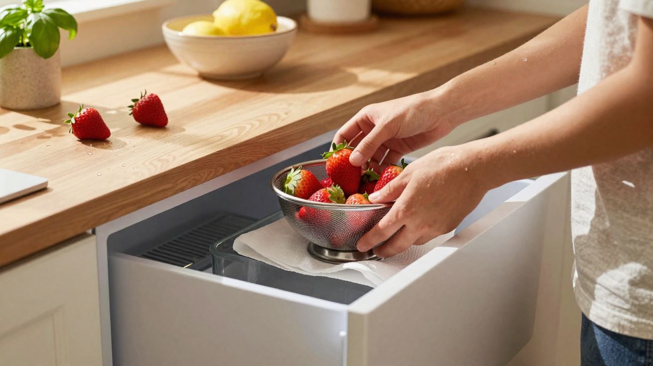 Pessoas colocando morangos numa tigela sobre um tabuleiro de cozinha aberto, com morangos e limões em cima da bancada.