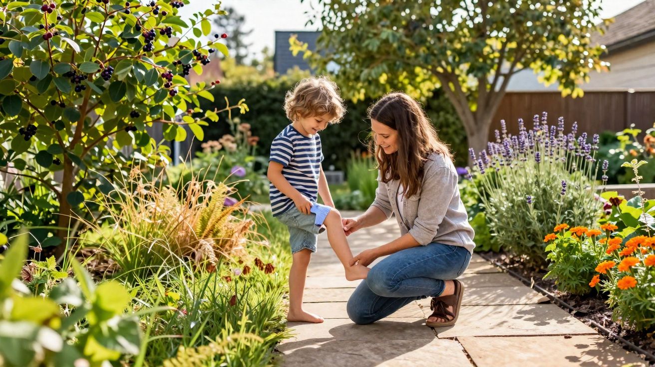 Mulher ajoelhada no jardim a cuidar do pé descalço de menino com camisola às riscas.