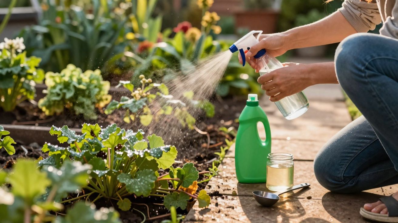 Pessoa a borrifar plantas num jardim, com garrafas e colher medidora ao lado.