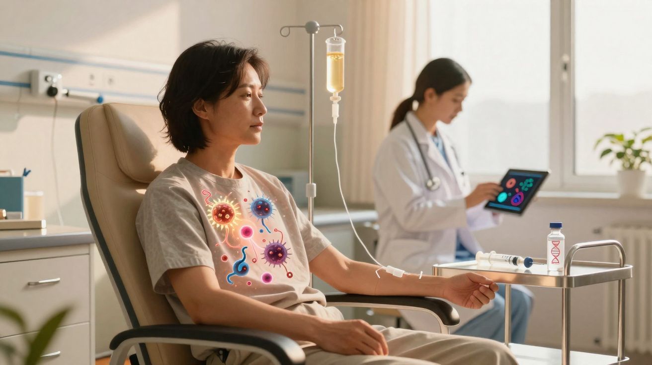 Paciente a receber tratamento intravenoso com ilustrações de vírus na camisa, médica a analisar dados num tablet.