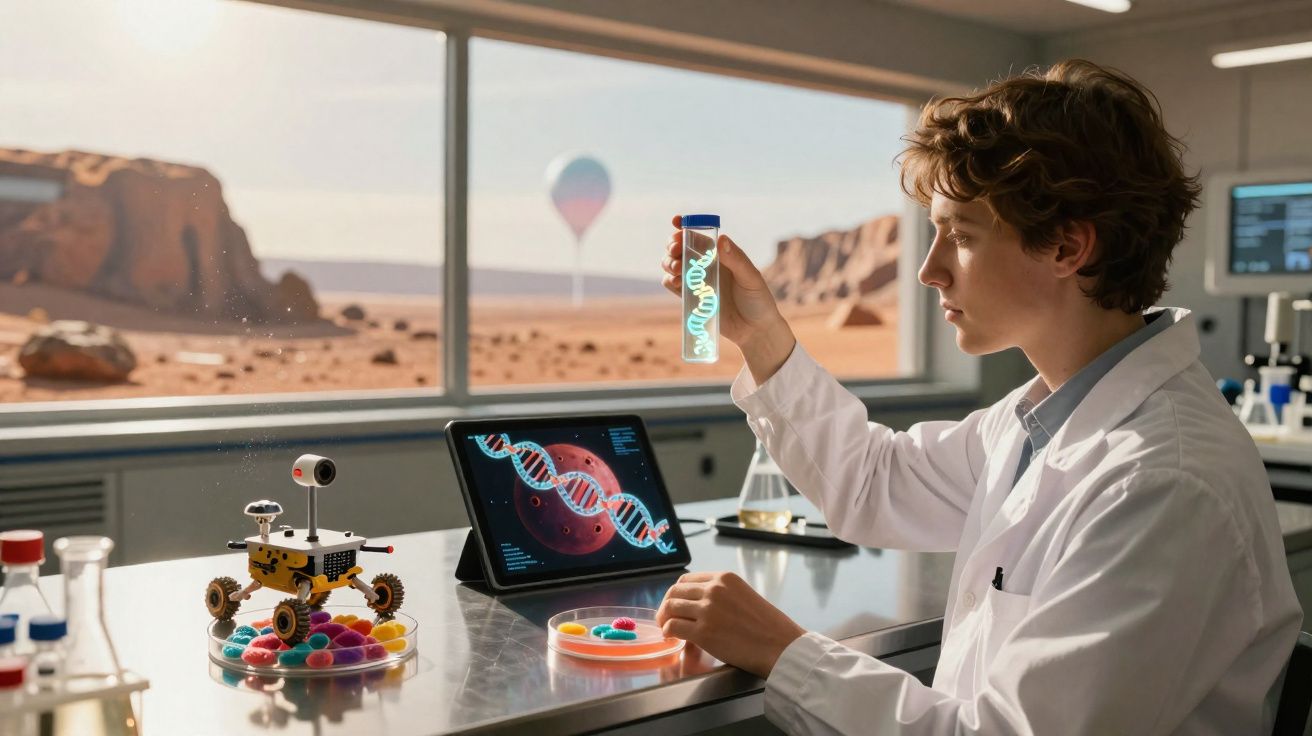 Cientista em laboratório futurista a estudar DNA num tubo de ensaio com paisagem marciana ao fundo.