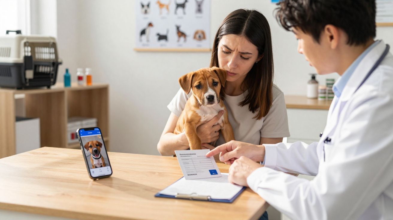 Veterinário explica receita a dona preocupada enquanto segura cachorro no consultório veterinário.