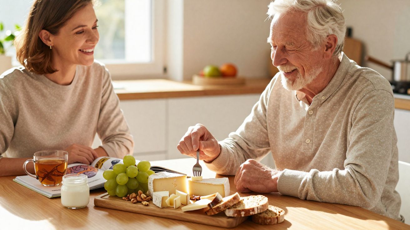 Homem idoso e mulher jovem sorrindo enquanto comem queijo, pão, uvas e nozes numa mesa de cozinha iluminada.
