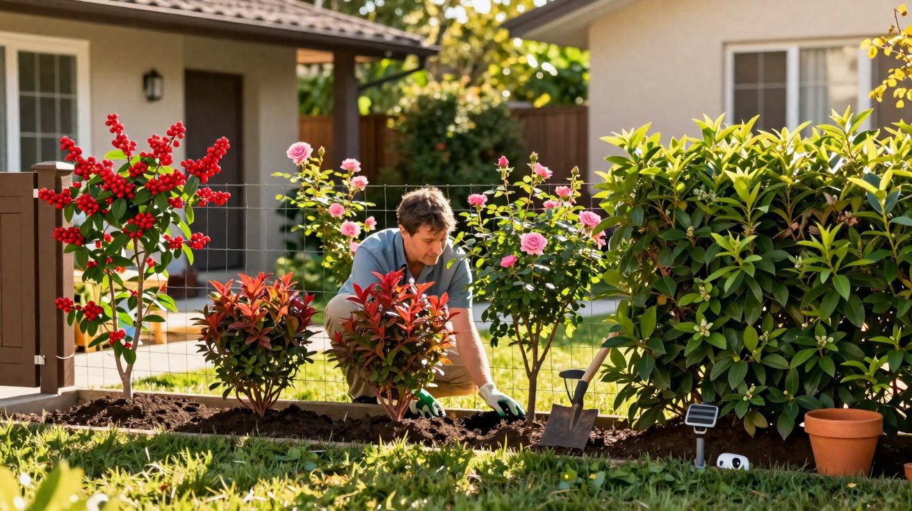 Homem a cuidar do jardim entre arbustos floridos e casas durante o dia ensolarado.