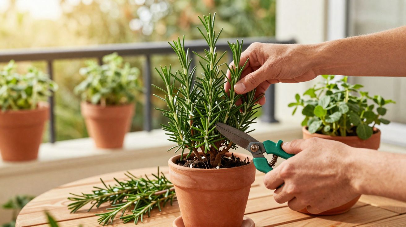 Mãos a podar alecrim em vaso de barro numa varanda com outras plantas ao fundo.