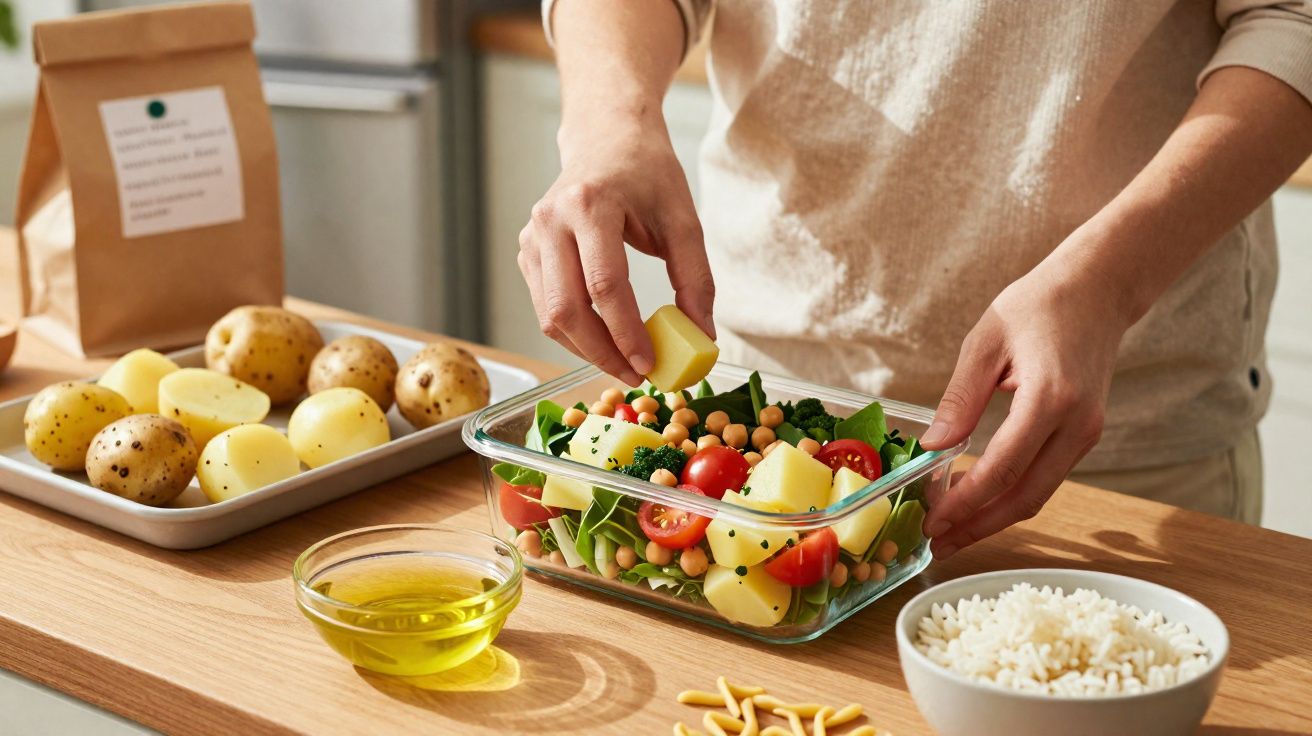 Pessoa a preparar salada com batatas, tomate, grão-de-bico, espinafre, azeite e arroz cozido numa cozinha.