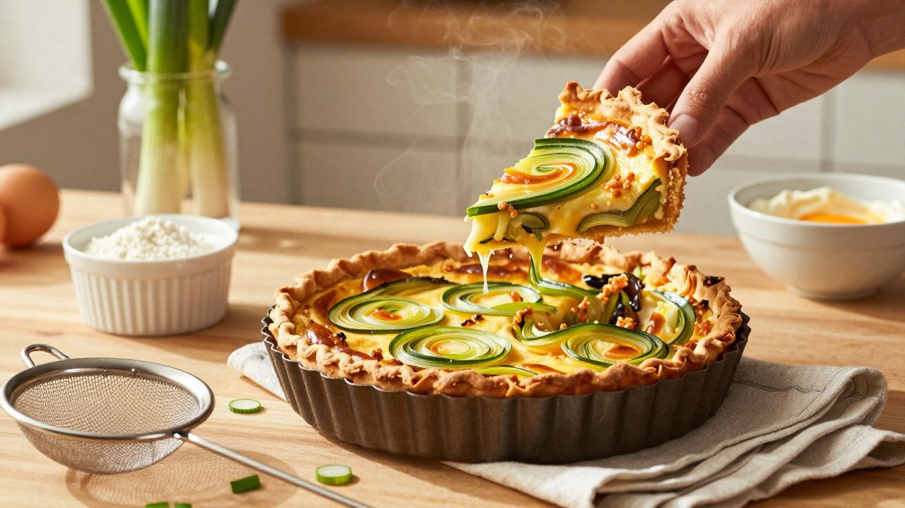 Tarte quente com enrolados de curgete numa mesa de cozinha, com mão a levantar uma fatia.