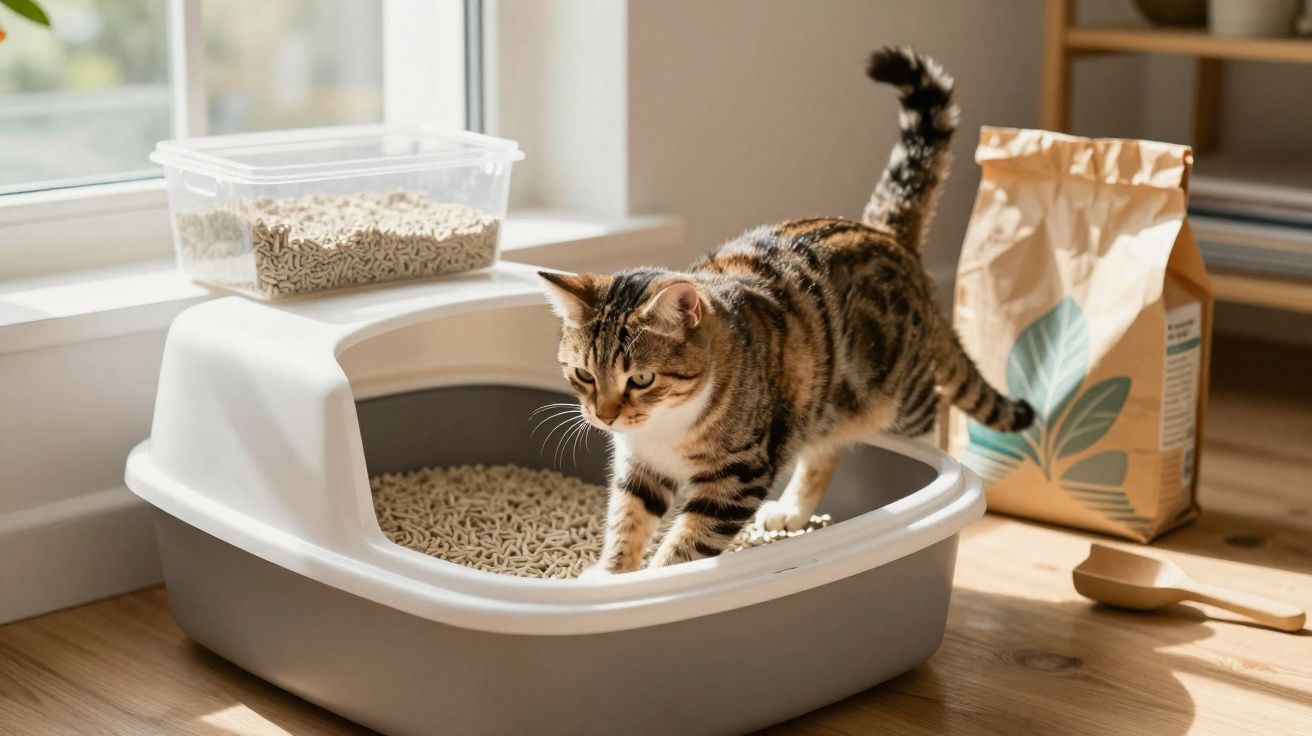 Gato tigrado a pisar numa caixa de areia com pellets, ao lado de saco de ração e pá de madeira.